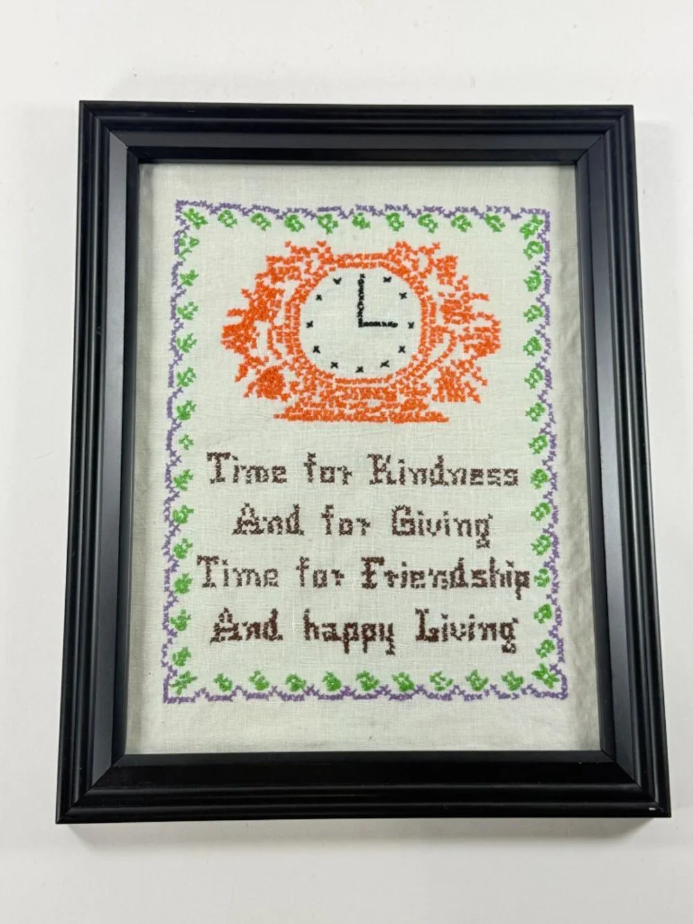 Vintage Handmade Cross Stitch Art Time For Kindness In Wooden Frame 15x12